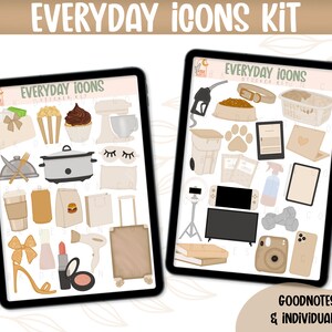 May include: Two digital planners with a variety of everyday icons. The icons are in a light brown, beige, and gray color scheme. The icons include a coffee cup, a takeout bag, a hair dryer, a suitcase, a dog bowl, a dog bone, a gas pump, a trash can, a laptop, a book, a camera, and more. The text on the planners reads "Everyday Icons Sticker Kit".