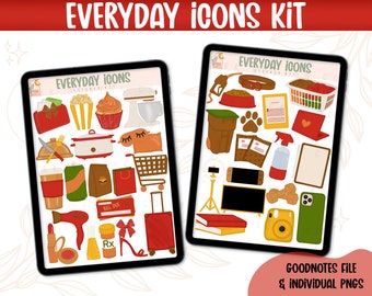 Kit de pegatinas digitales/ Iconos cotidianos- Sidra de manzana/ Archivos Goodnotes y PNG- Planificador digital