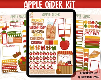 Puede incluir: Un kit de pegatinas digitales para planificadores con temática de sidra de manzana. El kit incluye pegatinas para un calendario, tareas diarias y otras necesidades de planificación. Las pegatinas presentan colores otoñales como el rojo, el naranja y el marrón, e incluyen imágenes de manzanas, palitos de canela y un puesto de sidra.