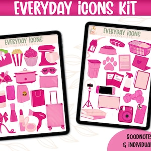 Digital Sticker Kit| Everyday Icons Pink Glitter | Goodnotes Files & PNGs- Digital Planner