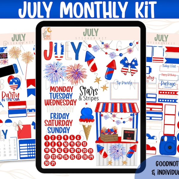 July Digital Sticker Kit 2023- 4th of July- Goodnotes Files & PNGs- Digital Planner