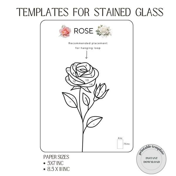 Rose Stained Glass Patterns Template, Rose Suncatcher Vitray for Mothers Days Gift, Digital Download, PDF Files