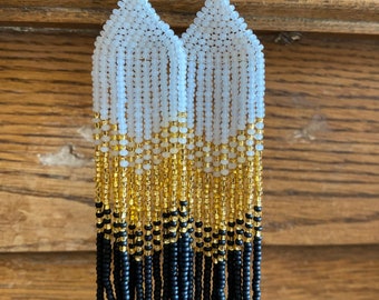 White, Gold, Black Fringe Earrings - Standard