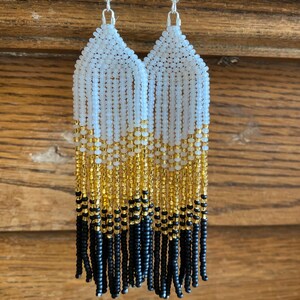 White, Gold, Black Fringe Earrings - Standard