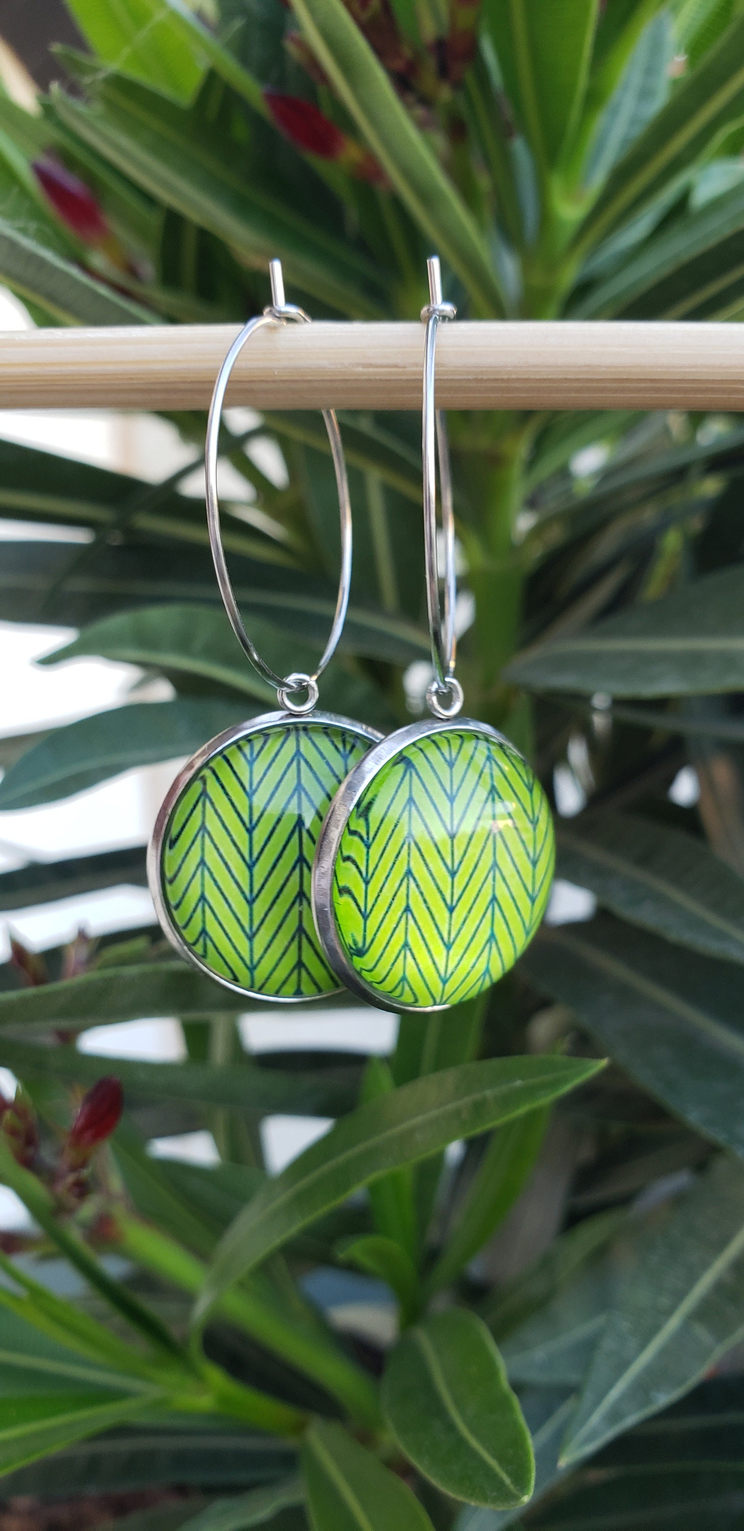 Boucles D'oreilles Ronde 12 Mm - Cuir De Crocodile Vert - Dame Goupil