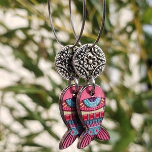 Pink and silver fish hoop earrings
