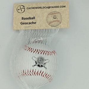 May include: A white baseball with red stitching and a black and white image of crossed bats. The baseball is in a white mesh bag and has a tag that reads "Baseball Geocache" and "CACHEWORLDCA@YAHOO.COM".
