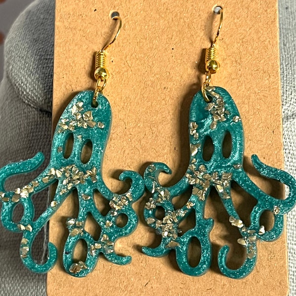 Gold Flaked Green Friendly Octopus Earrings