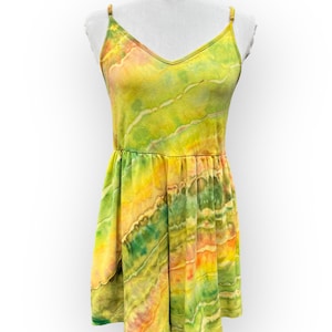 Women’s Large Yellow, Peach & Green Geode Tie Dye Romper, Colorful Ice Dye Romper, Colorful Boho Romper, Wild Sky Tie Dye Hand-Dyed Romper