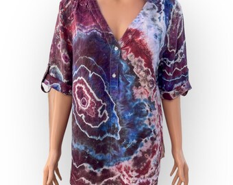 Women’s Medium Geode Tie Dye Linen Blouse: Earthy Upcycled Tunic