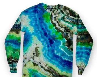 Small Earthy Tie Dye Long Sleeve Shirt: Green & Turquoise Blue Ice Dye Tee