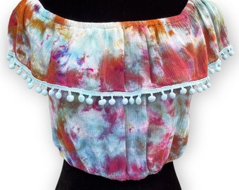 Ice Dye Boho Crop Top, Women’s Size Large, L, Festival Fashion, Bohemian Tie Dye Shirt, Wild Sky Tie Dye Hand-Dyed Clothing, Upcycled