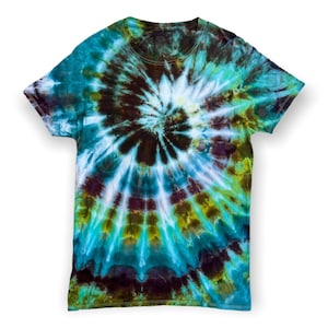 Medium M Spiral Tie Dye T-Shirt, Blue, Green, Brown Ice Dye Shirt, Wild Sky Tie Dye Hand-Dyed Clothing, Festival Fashion, Ready to Ship