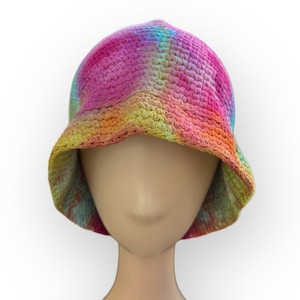 Rainbow Ice Dye Adult Crochet Bucket Hat, Colorful Rainbow Tie Dye Cotton Hat, Wild Sky Tie Dye Hand-Dyed Clothing, Vibrant Festival Beanie