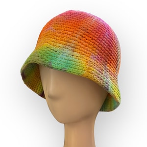 Rainbow Ice Dye Adult Crochet Bucket Hat, Colorful Rainbow Tie Dye Cotton Hat, Wild Sky Tie Dye Hand-Dyed Clothing, Vibrant Festival Beanie