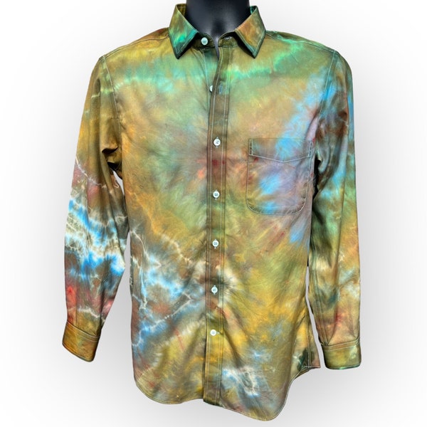 Men’s Small Earthy Geode Tie Dye Button Down Long Sleeve Shirt, Earthy Red & Green Geode Dress Shirt, Wild Sky Tie Dye Hand-Dyed Clothing