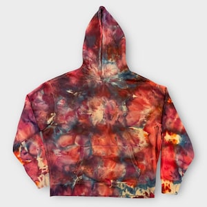 Unisex XL Ice Dye Hooded Sweatshirt, Red & Blue Tie Dye Heavyweight Hoodie, Wild Sky Tie Dye Hand-Dyed Clothing, Boho Colorful Sweatshirt