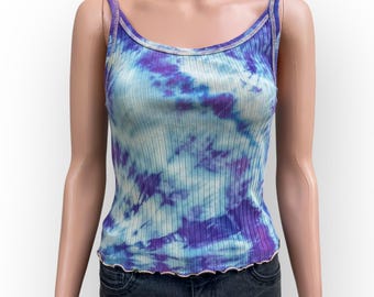 Ice Dye Crop Tank Top: Purple Tie Dye Sleeveless Shirt, Women’s Small Tall