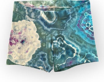 XL Teal Green Geode Tie Dye Bike Shorts: Upcycled Cotton Activewear