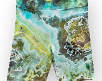 Large Geode Tie Dye Bike Shorts: Blue Green Hand-Dyed Cotton Activewear