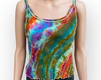 Rainbow Ice Dye Crop Tank Top: Women's Large Fitted Sleeveless Shirt