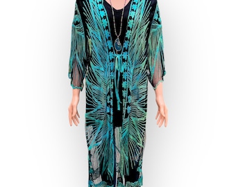 Hand-Dyed Teal Embroidered Kimono Duster,  Boho Tie Dye Lace Beach Cover Up