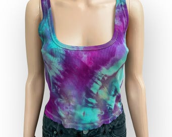 Ice Dye Crop Tank Top: Purple Turquoise Geode, Women's Large Tall