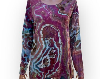 Women’s Geode Tie Dye T-Shirt | Pink Multicolor Long Sleeve Top | Hand-Dyed Shirt