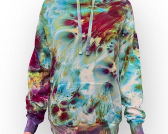 Women’s Medium Ice Dye Hooded Sweatshirt, Wild Sky Tie Dye Hand-Dyed Clothing, Colorful Magenta & Turquoise Boho Tie Dye Pullover Hoodie