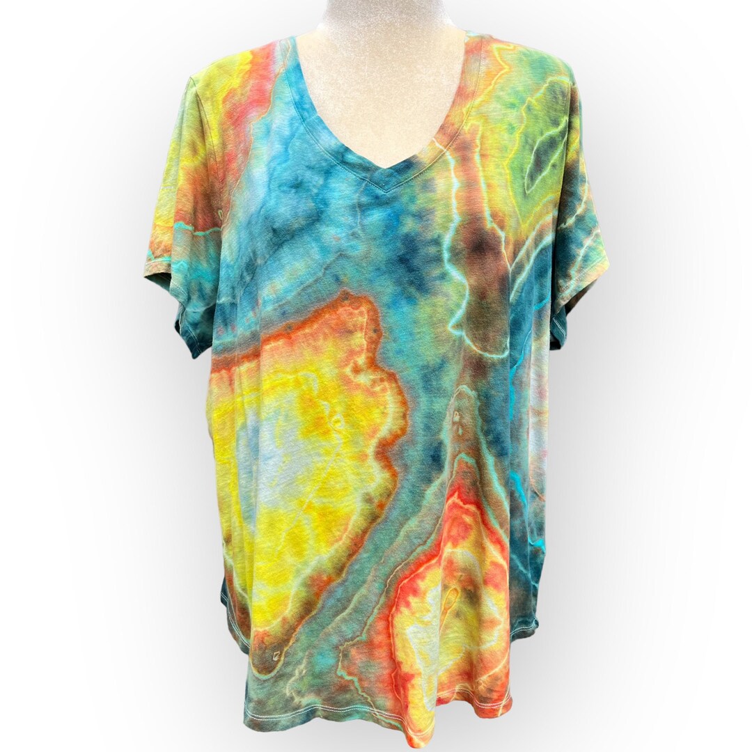 Womens 2X Bright Geode Tie Dye Tshirt, Colorful Ice Dye Geode Shirt