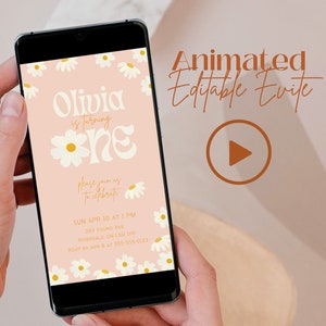 Retro Daisy Animated Evite, First Birthday Invitation Template, Text Message Invitation, Mobile Phone Evite 008-05-01
