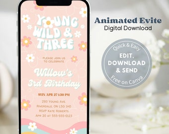 Young Wild & Three Animated Evite, Groovy Retro Daisy Invitation Template, Text Message Invite, Mobile Phone Evite
