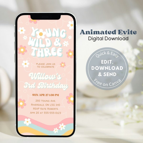 Young Wild & Three Animated Evite, Groovy Retro Daisy Invitation Template, Text Message Invite, Mobile Phone Evite