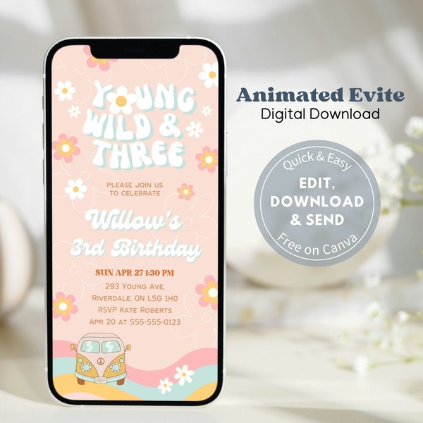 Young Wild & Three Animated Evite, Groovy Retro Daisy Invitation Template, Vintage Hippie Van Text Message Invite, Mobile Phone Evite