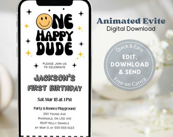 One Happy Dude Animated Evite, Retro Happy Face Birthday Invitation Template, Text Message Invitation, Mobile Phone Evite 016
