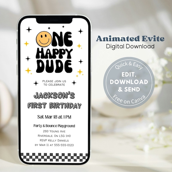 One Happy Dude Animated Evite, Retro Happy Face Birthday Invitation Template, Text Message Invitation, Mobile Phone Evite 016