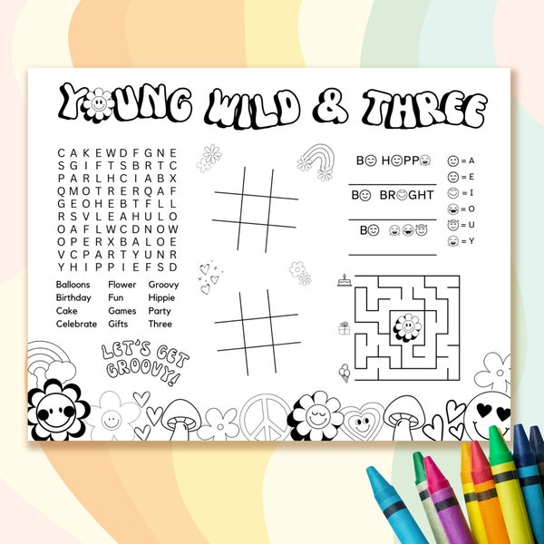 Young Wild & Three Printable Coloring Page Birthday Placemat Activity Sheet