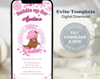 Disco Cowgirl First Rodeo Birthday Invite, Saddle up Editable Invitation Template, Text Message Evite