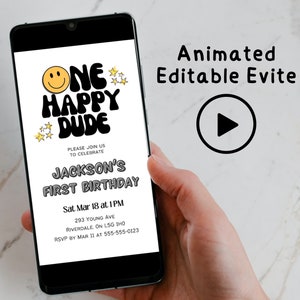 One Happy Dude Birthday Invitation Template, Retro Happy Face Animated Evite, Text Message Editable Invitation, Mobile Phone Evite 019