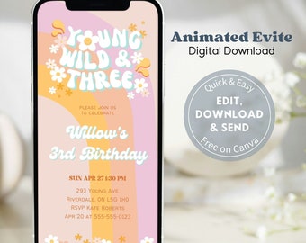 Young Wild & Three Animated Evite, Groovy Retro Daisy Invitation Template, Text Message Invitation, Mobile Phone Evite 011