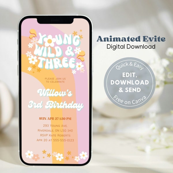 Young Wild & Three Animated Evite, Groovy Retro Daisy Invitation Template, Text Message Invitation, Mobile Phone Evite 011