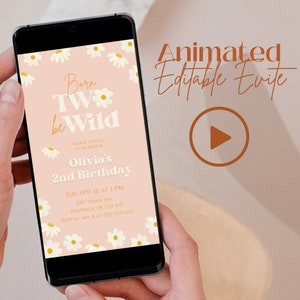 Born Two Be Wild Retro Daisy Animated Evite, Second Birthday Invitation Template, Text Message Invitation, Mobile Phone Evite 008-05-03