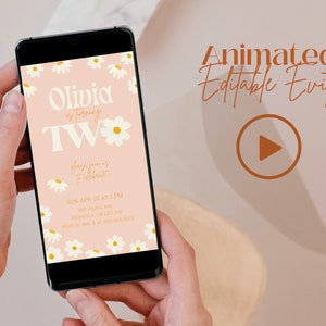 Retro Daisy Animated Evite, Second Birthday Invitation Template, Text Message Invitation, Mobile Phone Evite 008-05-02