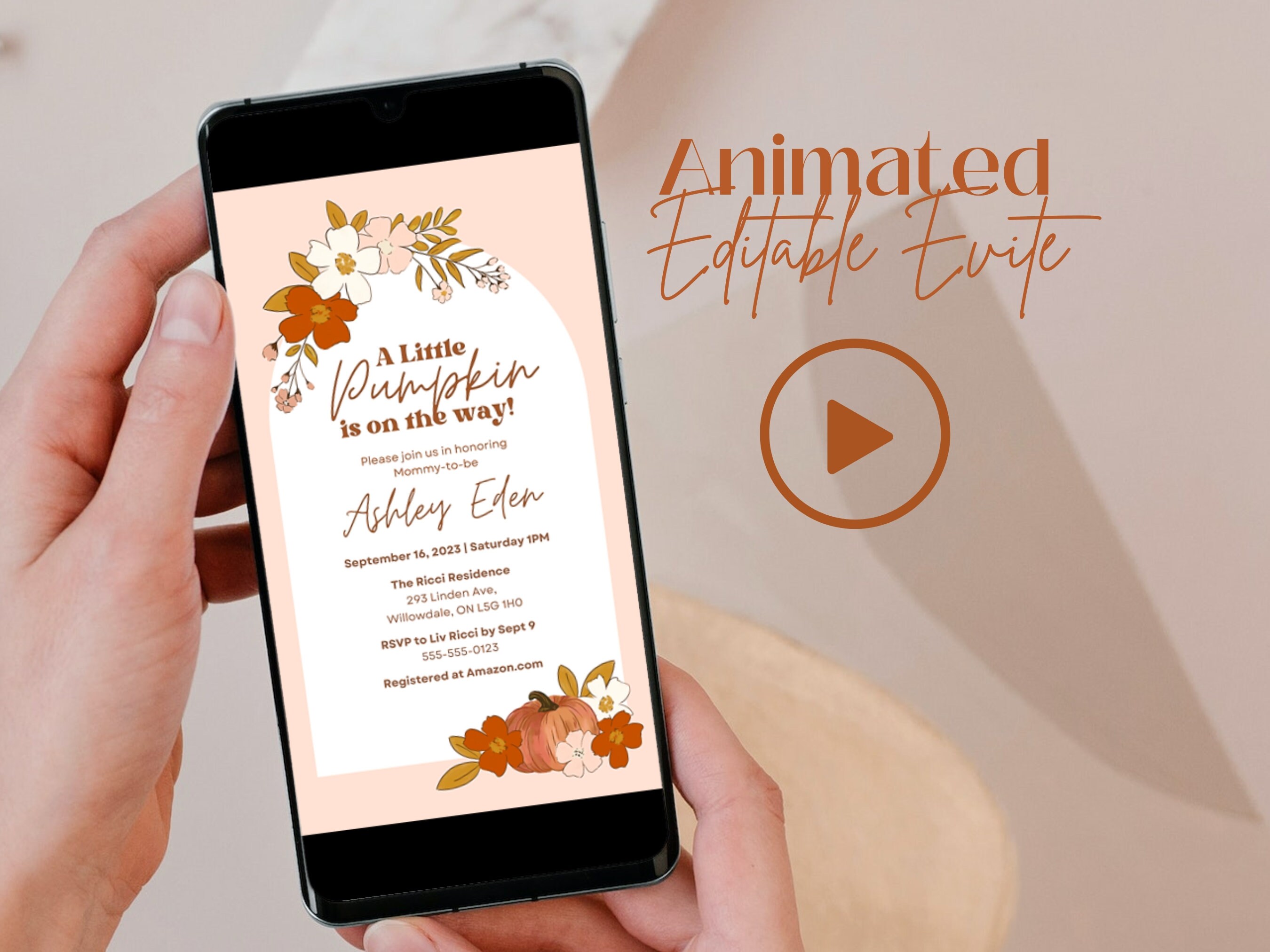 Little Pumpkin Baby Shower Animated Evite, Editable Boho Fall Autumn Invitation Template, Text Message Invite 038