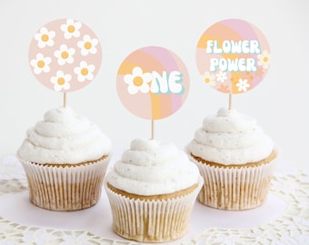 One Groovy Baby Cupcake Toppers, Retro Daisy Editable Template, Printable Digital Download 004-04