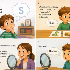 May include: A four-panel educational illustration featuring a young child learning to pronounce the letter S. The panels show the child thinking about the sound, mispronouncing words like sun, snake, and sandwich, and receiving speech therapy guidance.