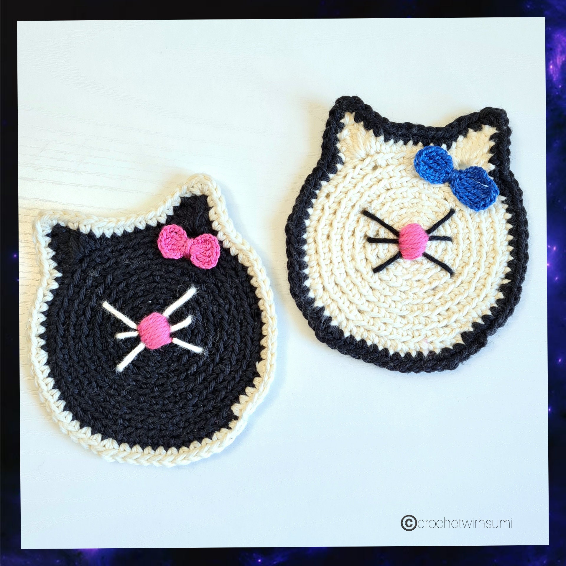 37 Cat Coaster Crochet Patterns for Cat Lovers, Gifts, and Cozy Home Decor 5 Crochet Cat Face Coaster Written