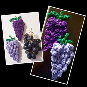 May include: Three crocheted grape clusters in purple and lavender shades. The grapes are made with individual stitches and have a textured appearance.
