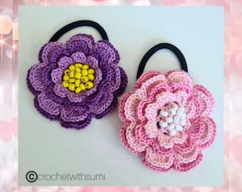 Crochet Layered Flower Hair Tie Written PDF Pattern
