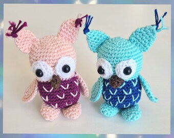 May include: Two crocheted owl toys, one pink with purple accents and the other blue with teal accents. Both owls have white eyes and brown beaks.